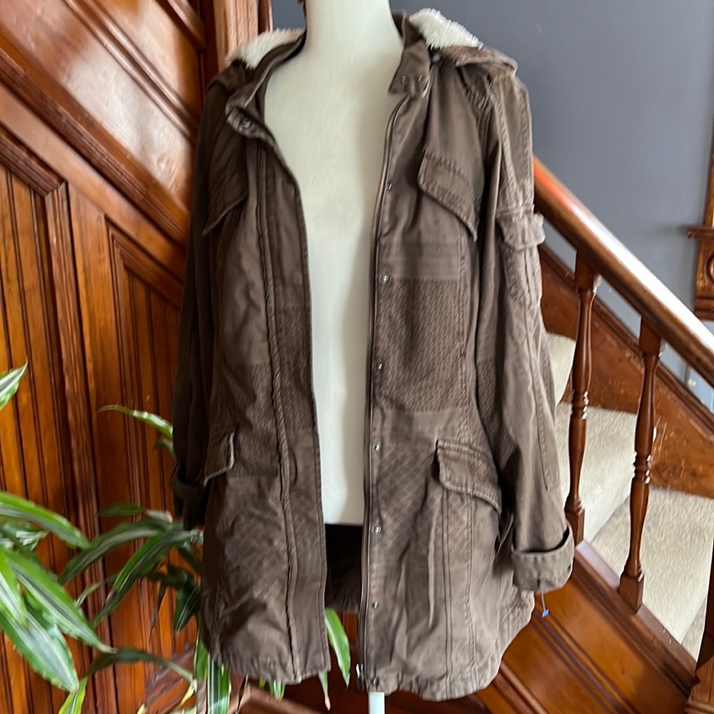 Women's Brown Hooded Utility Jacket with Sherpa Trim